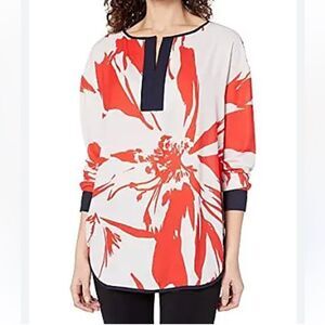 NWT LYSEÉ Floral Orange Navy White Split Neck Tunic Popover Blouse Shirt L